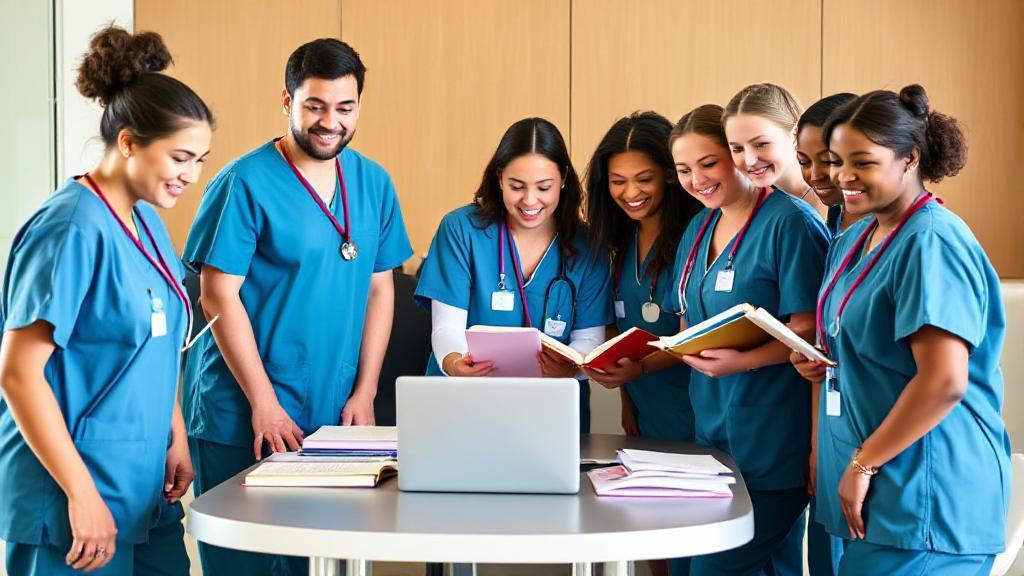 A diverse group of nursing students in scrubs, gathered around a table with textbooks and a laptop, symbolizing education and collaboration in the field of nursing.