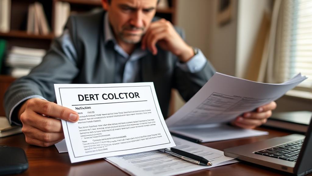 A concerned individual reviewing financial documents with a debt collector's notice prominently displayed on a desk.