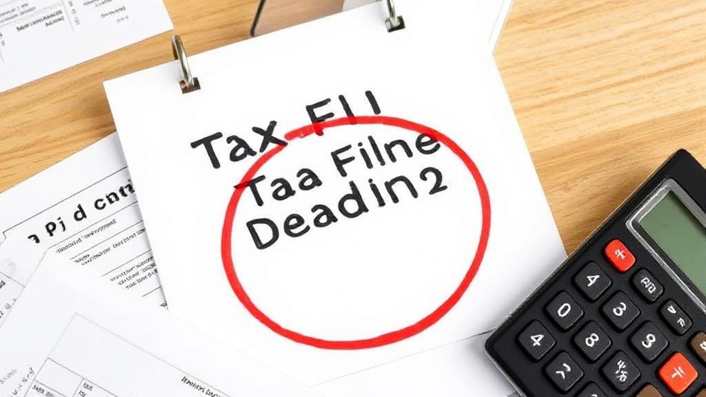 A calendar marked with a red circle around the tax filing deadline date, surrounded by tax forms and a calculator.