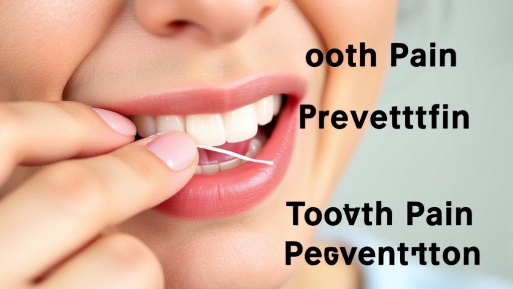 A close-up image of a person gently flossing their teeth, with a focus on the dental floss and a concerned expression, highlighting the theme of tooth pain prevention.