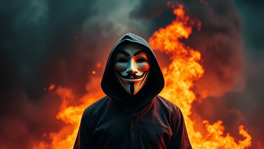 A mysterious figure in a Guy Fawkes mask stands against a backdrop of flames and chaos, symbolizing rebellion and the fight for freedom.