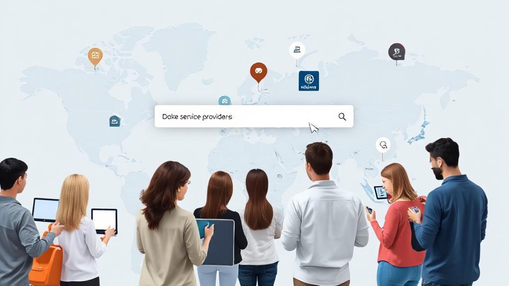 A diverse group of people using various devices to search for internet service providers on a digital map.