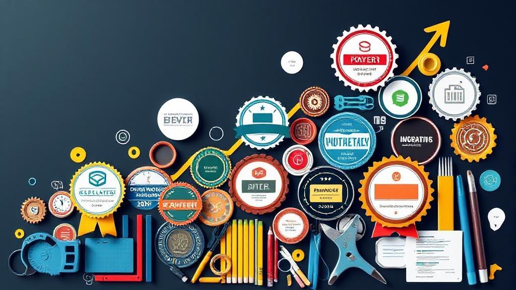 A dynamic collage of certification badges and project management tools set against a backdrop of a rising career graph.