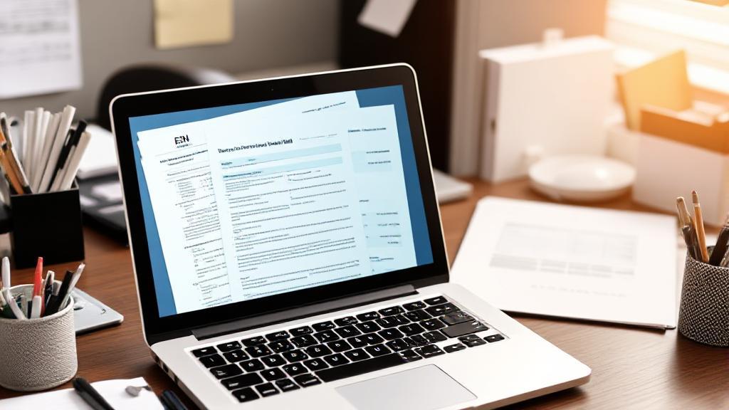 A professional workspace with a laptop displaying tax forms and an EIN application, surrounded by office supplies.