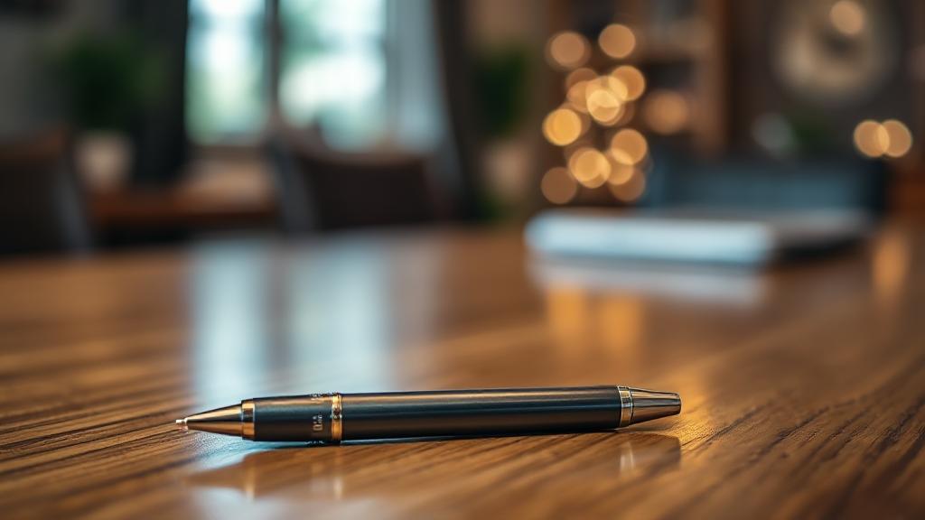 A close-up image of an Ozempic pen on a wooden table, surrounded by ambient room lighting.