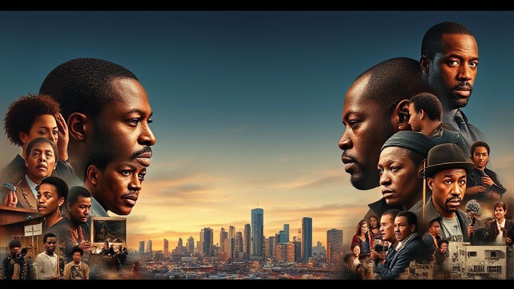 A captivating collage of iconic scenes and characters from "The Wire," set against a backdrop of Baltimore's skyline.