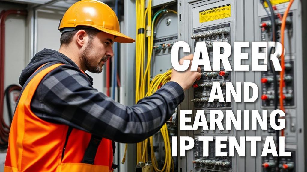 A professional electrician working on a circuit panel with tools and safety gear, symbolizing career and earnings potential.