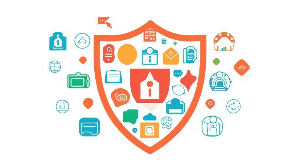 A diverse array of insurance symbols and icons forming a shield, representing protection and coverage options.