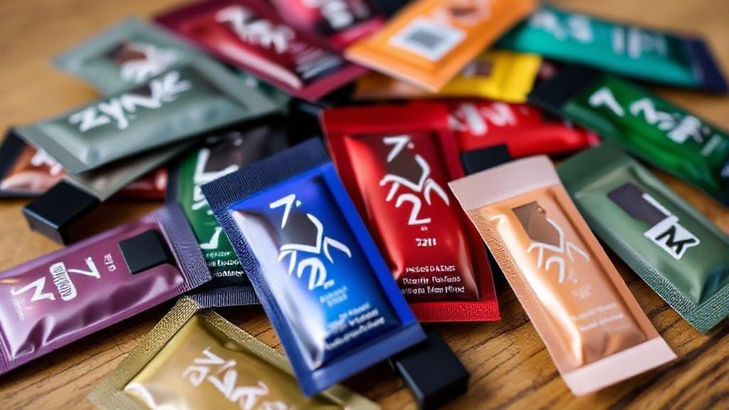 A close-up image of assorted Zyn nicotine pouches in various flavors and colors, scattered on a wooden surface.