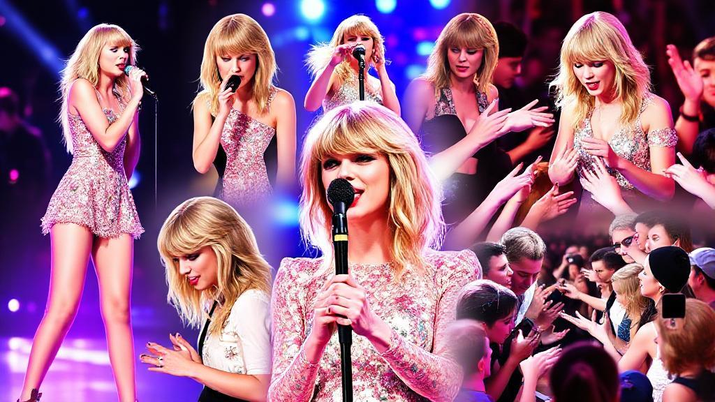 A vibrant collage featuring Taylor Swift performing on stage, signing autographs, and engaging with fans.
