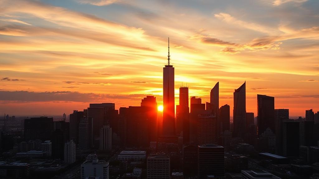 A dynamic city skyline at sunset, symbolizing growth and opportunity in the real estate industry for new agents.