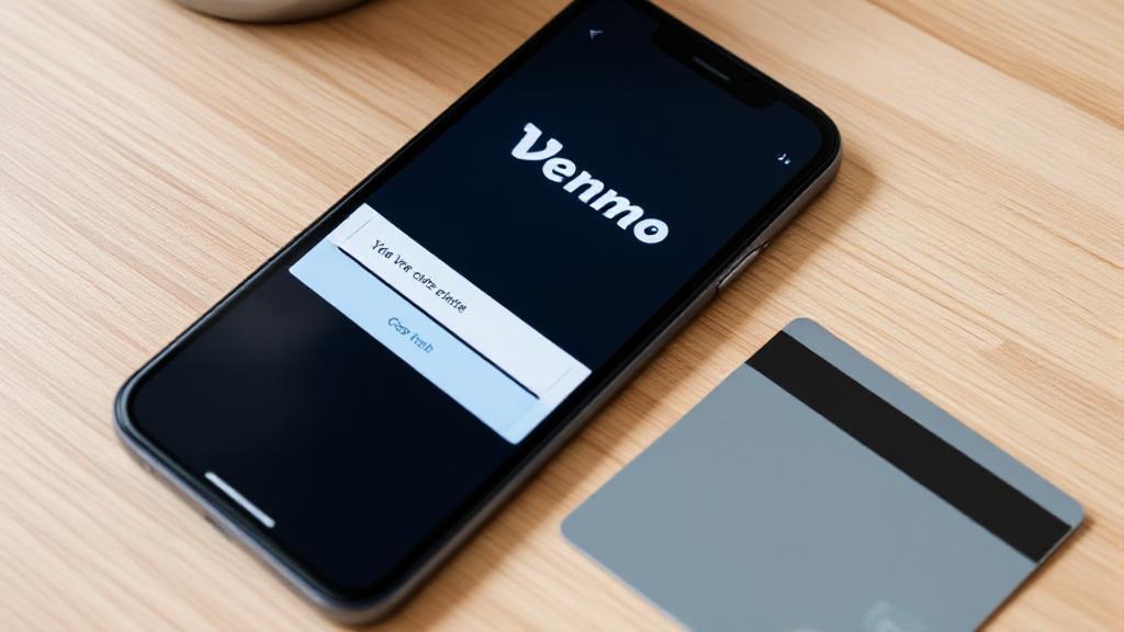 A smartphone displaying the Venmo app with a credit card beside it on a wooden table.