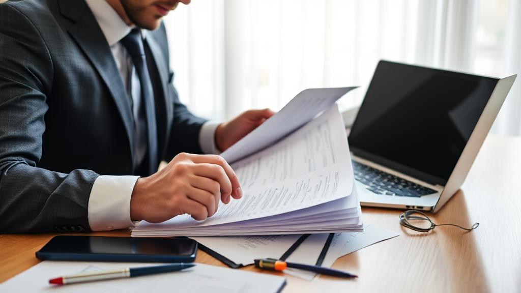 A professional CPA reviewing financial documents at a desk, surrounded by accounting tools and a laptop.