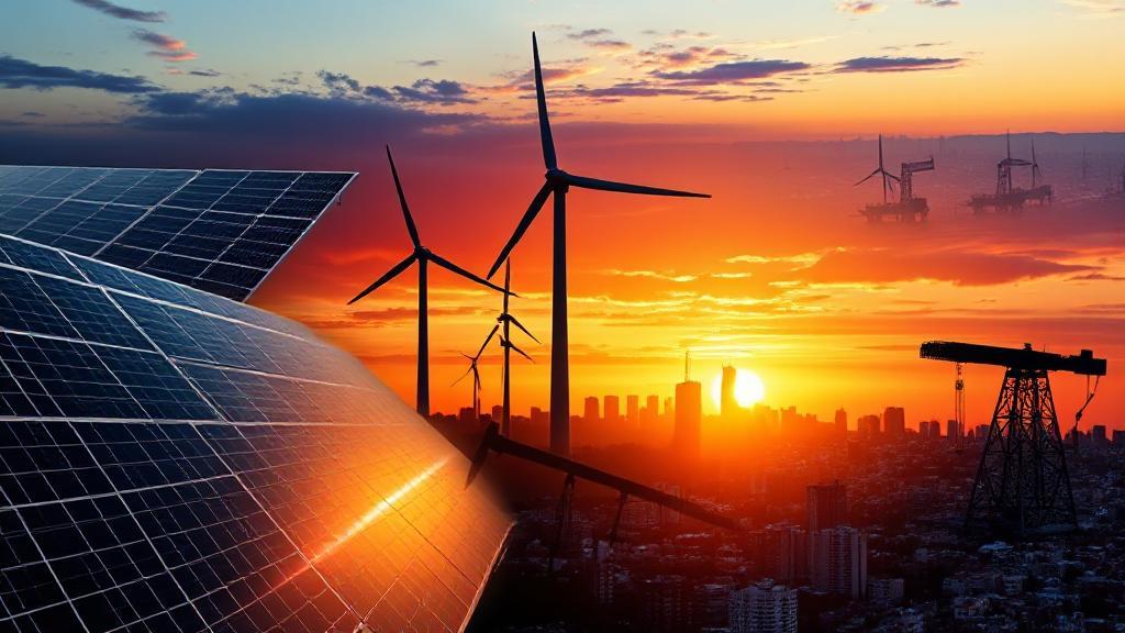A dynamic collage of solar panels, wind turbines, and oil rigs set against a backdrop of a bustling city skyline at sunset.