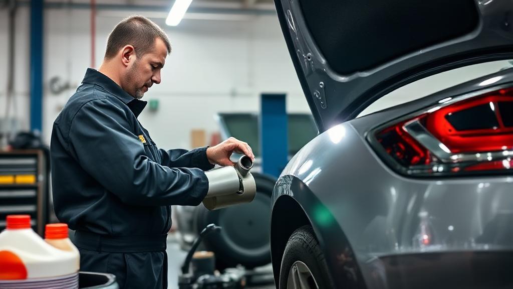 A mechanic efficiently changing the oil of a car in a well-lit garage, surrounded by tools and oil containers.