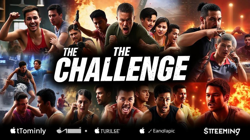 A dynamic collage of intense moments from "The Challenge," featuring contestants in action-packed scenes, set against a backdrop of streaming platform logos.