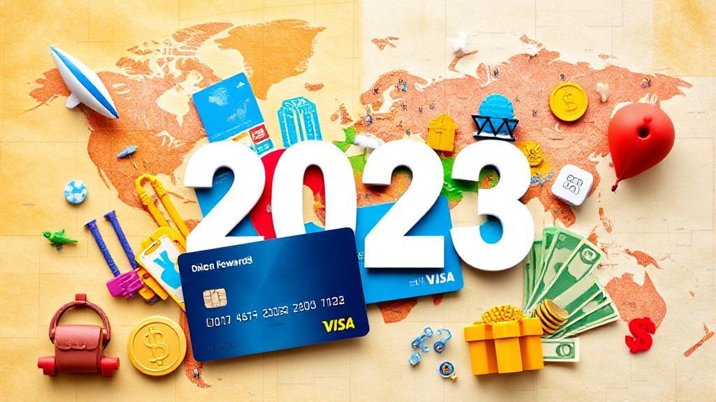 A vibrant collage of credit cards, travel icons, and cash symbols set against a backdrop of a world map, symbolizing rewards and global adventures in 2023.