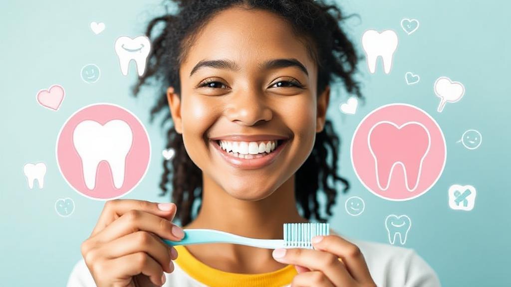 A bright, smiling person holding a toothbrush, surrounded by healthy teeth and dental care icons.