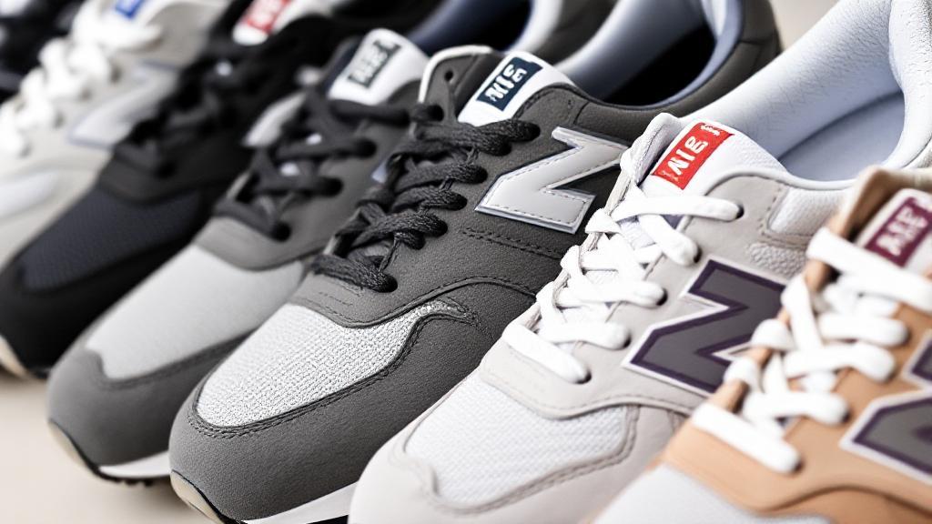 A close-up shot of various New Balance shoe models arranged in a row, highlighting their different sizes and styles.