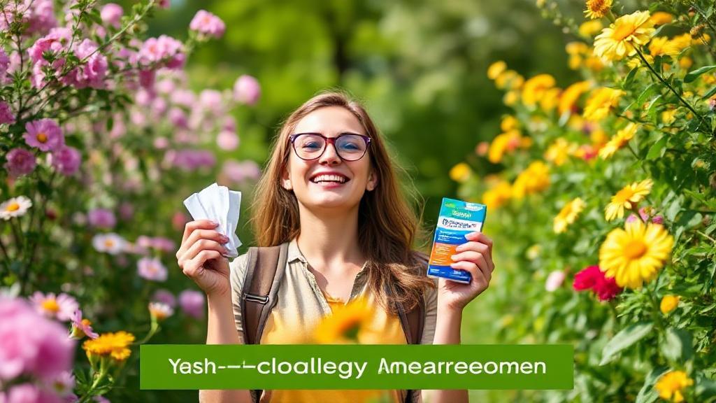 A vibrant image of a person enjoying the outdoors surrounded by blooming flowers and greenery, confidently holding tissues and allergy medication, symbolizing year-round allergy management.