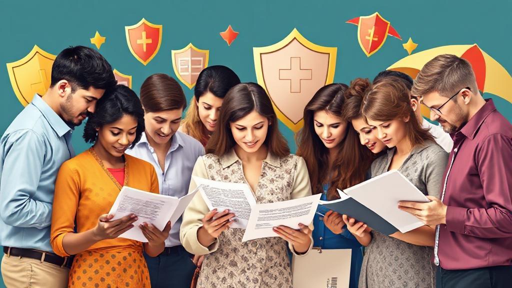 A diverse group of people examining insurance documents and policies, surrounded by symbols of protection and security, such as shields and umbrellas.
