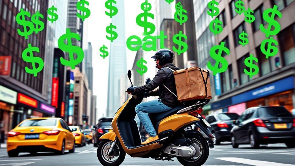 A delivery driver on a scooter, navigating through a bustling cityscape, with a backdrop of dollar signs and the Uber Eats logo.