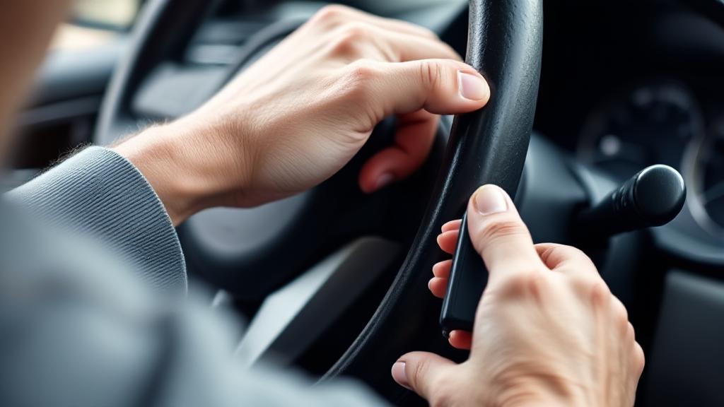A close-up image of a person gently turning a car steering wheel with one hand, while the other hand holds a car key near the ignition.