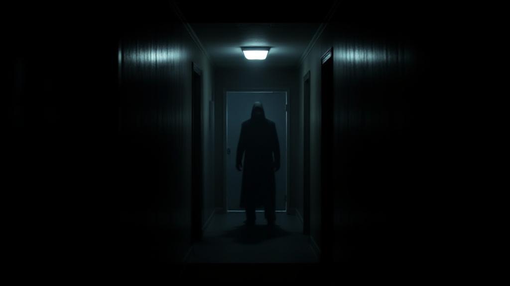 A chilling, dimly lit scene from "Insidious" featuring a shadowy figure lurking in a haunted hallway.