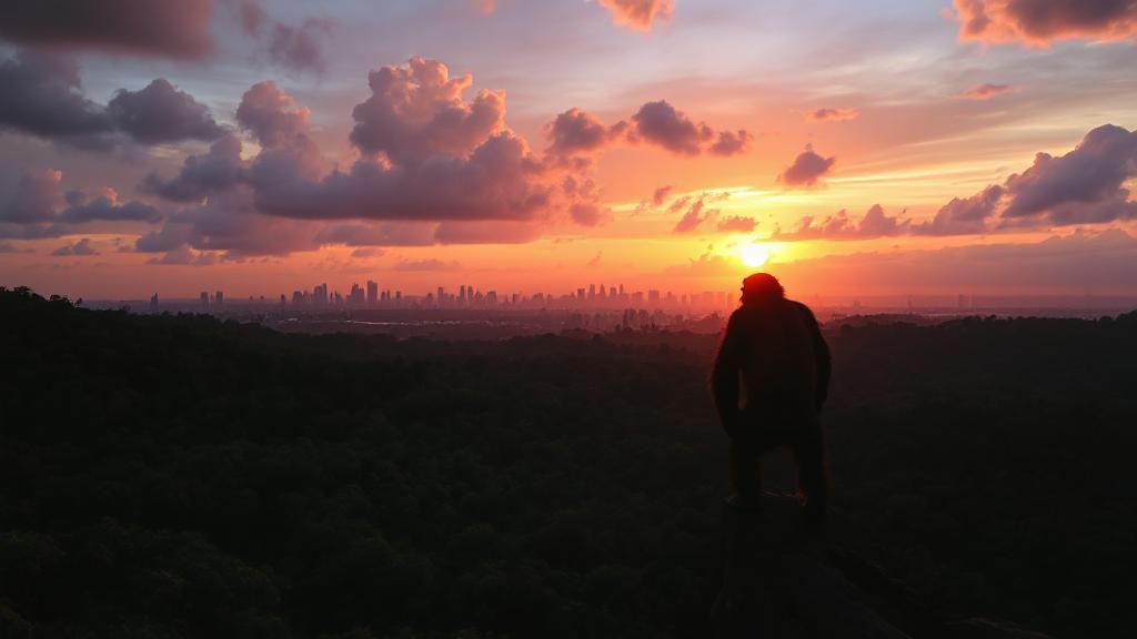 A dramatic sunset over a dense jungle with a silhouette of an ape standing on a cliff, gazing at a distant city skyline.
