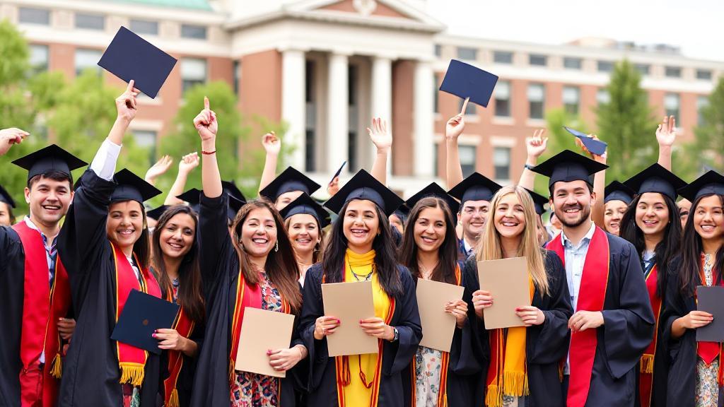 A diverse group of students in graduation attire celebrating with diplomas in hand against a backdrop of university buildings.