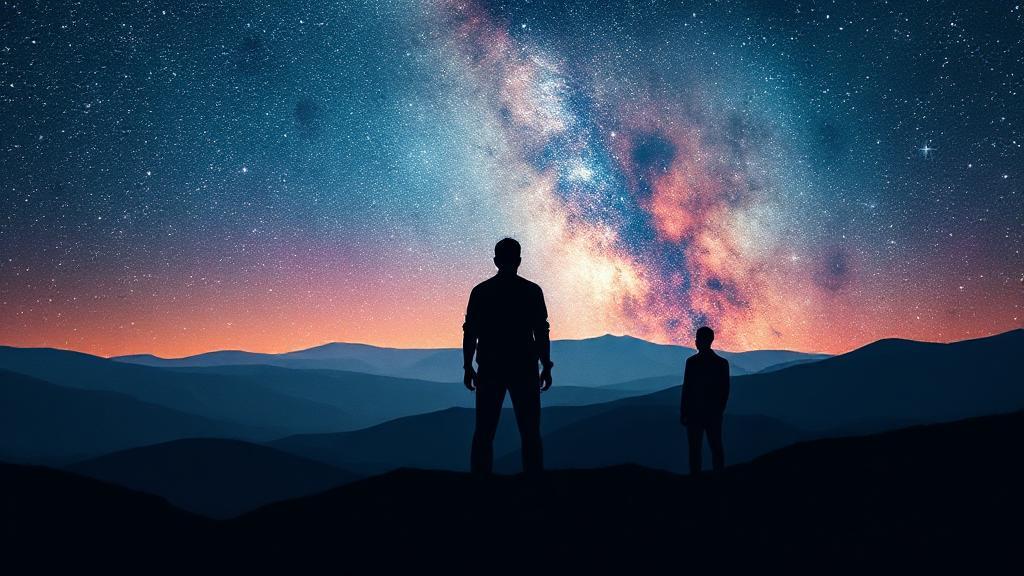 A cosmic landscape blending a starry night sky with abstract human silhouettes pondering their place in the universe.