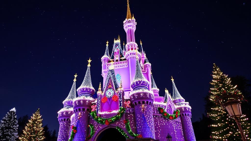 A festive header image featuring Cinderella Castle adorned with twinkling Christmas lights and decorations, set against a backdrop of a starry night sky.