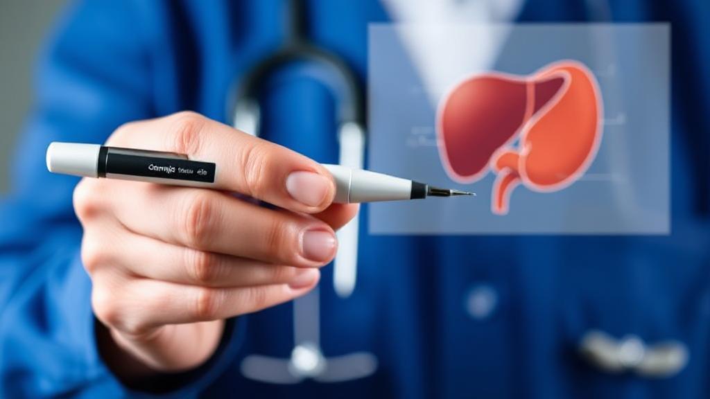 A medical professional holding an Ozempic pen with a diagram of the gallbladder in the background.