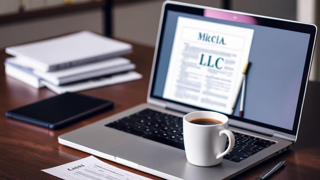 A professional workspace with a laptop displaying legal documents and a coffee cup, symbolizing the process of forming an LLC.