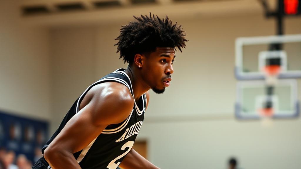 A dynamic shot of LaMelo Ball in action on the basketball court, capturing his intense focus and athleticism.
