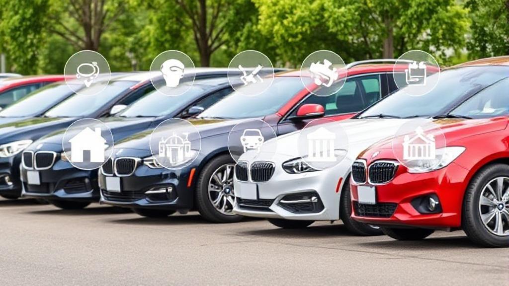 A diverse lineup of cars parked side by side, each with a transparent overlay of various insurance icons, symbolizing different coverage options.