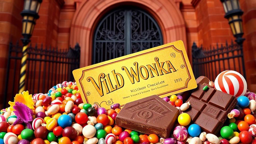 A whimsical collage of colorful candy, chocolate bars, and a golden ticket set against a backdrop of Willy Wonka's iconic factory gates.
