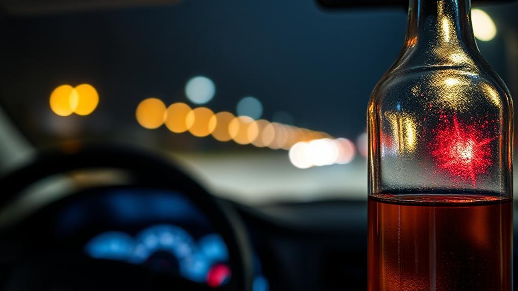 A blurred image of a car's dashboard at night with a half-empty bottle of alcohol in the foreground, symbolizing impaired driving.