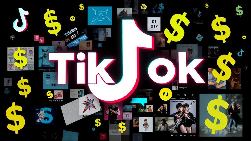 A dynamic collage of TikTok's logo, dollar signs, and digital ads, symbolizing the platform's diverse revenue streams.