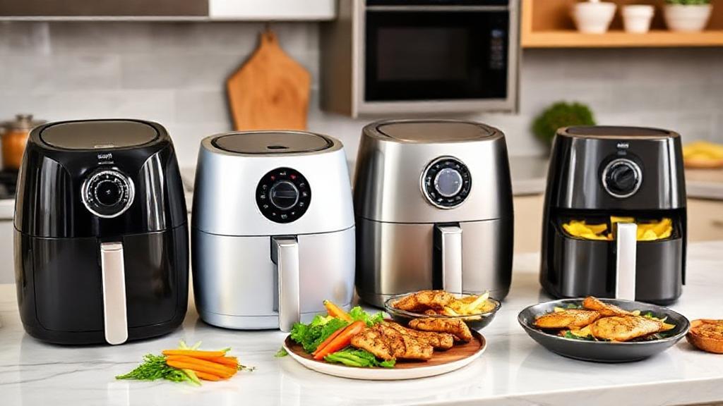 A modern kitchen countertop featuring a sleek lineup of the latest air fryers, surrounded by vibrant, healthy foods like vegetables and grilled chicken.