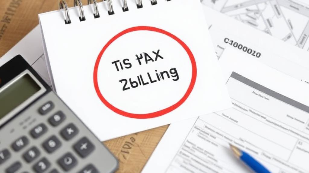 A calendar marked with a red circle around the tax filing deadline date, surrounded by tax forms and a calculator.