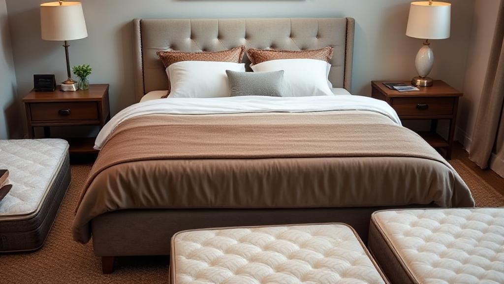 A cozy bedroom scene featuring a neatly made bed with plush pillows and a variety of mattress options displayed around it.
