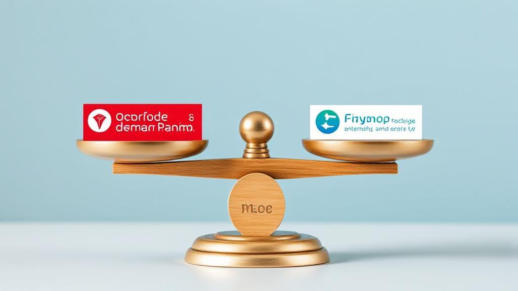 A balanced scale with logos of major credit reporting agencies, symbolizing comparison and evaluation.