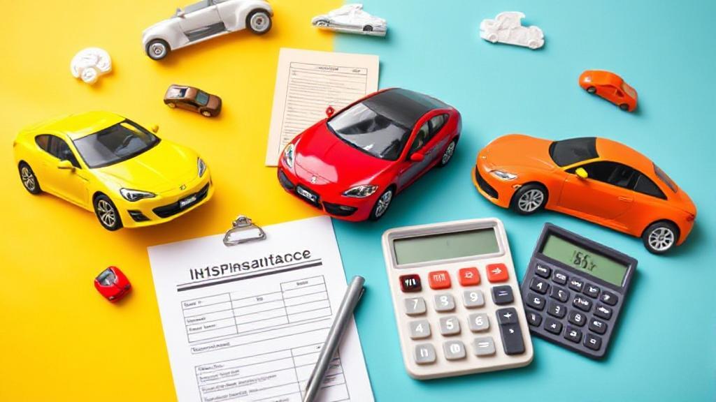 A dynamic collage of various cars, insurance documents, and a calculator, symbolizing the diverse factors influencing car insurance costs.