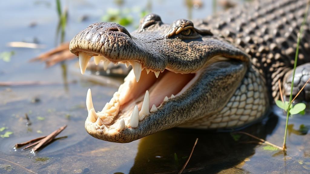 A close-up shot of an alligator in a natural wetland setting, highlighting its powerful jaws and sharp teeth.