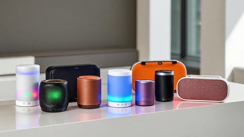 A vibrant lineup of the latest Bluetooth speakers displayed on a modern surface, showcasing sleek designs and colorful lighting effects.