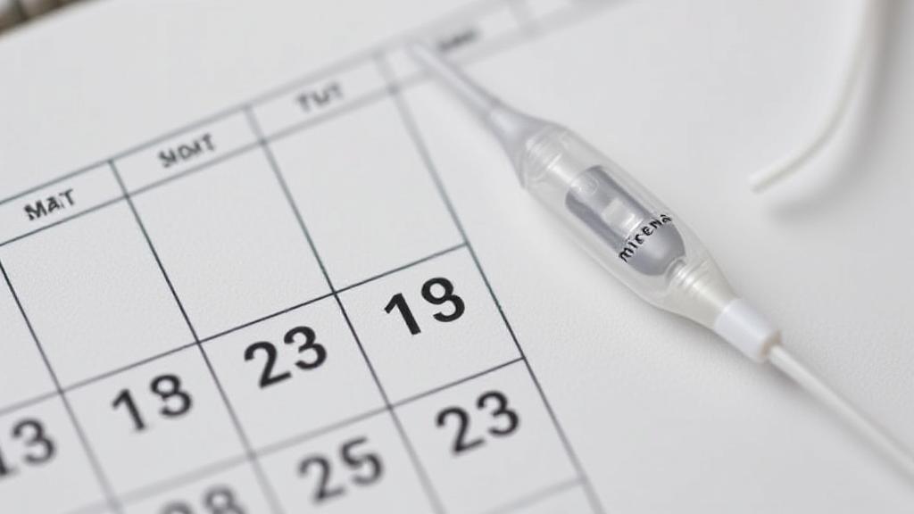 A close-up image of a calendar with marked dates, alongside a Mirena IUD device, symbolizing the timeline of menstrual changes.