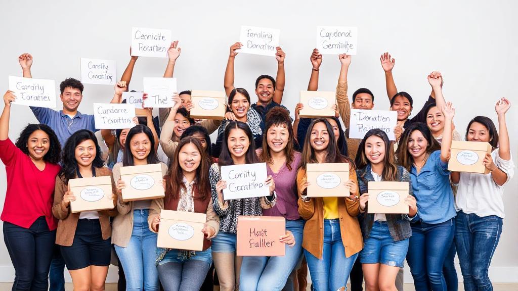 A diverse group of people joyfully holding donation boxes and charity signs, symbolizing unity and generosity.