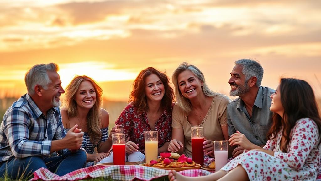 A diverse group of happy couples of various ages and ethnicities enjoying a sunset picnic, symbolizing love and connection.