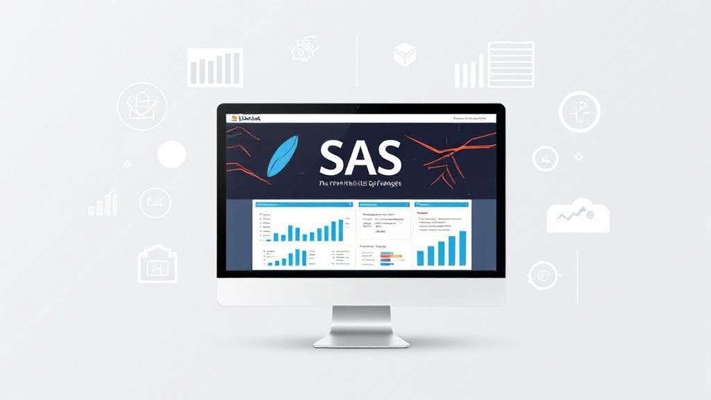 A sleek, modern graphic featuring a computer screen displaying SAS software interface, surrounded by data charts and analytical symbols.